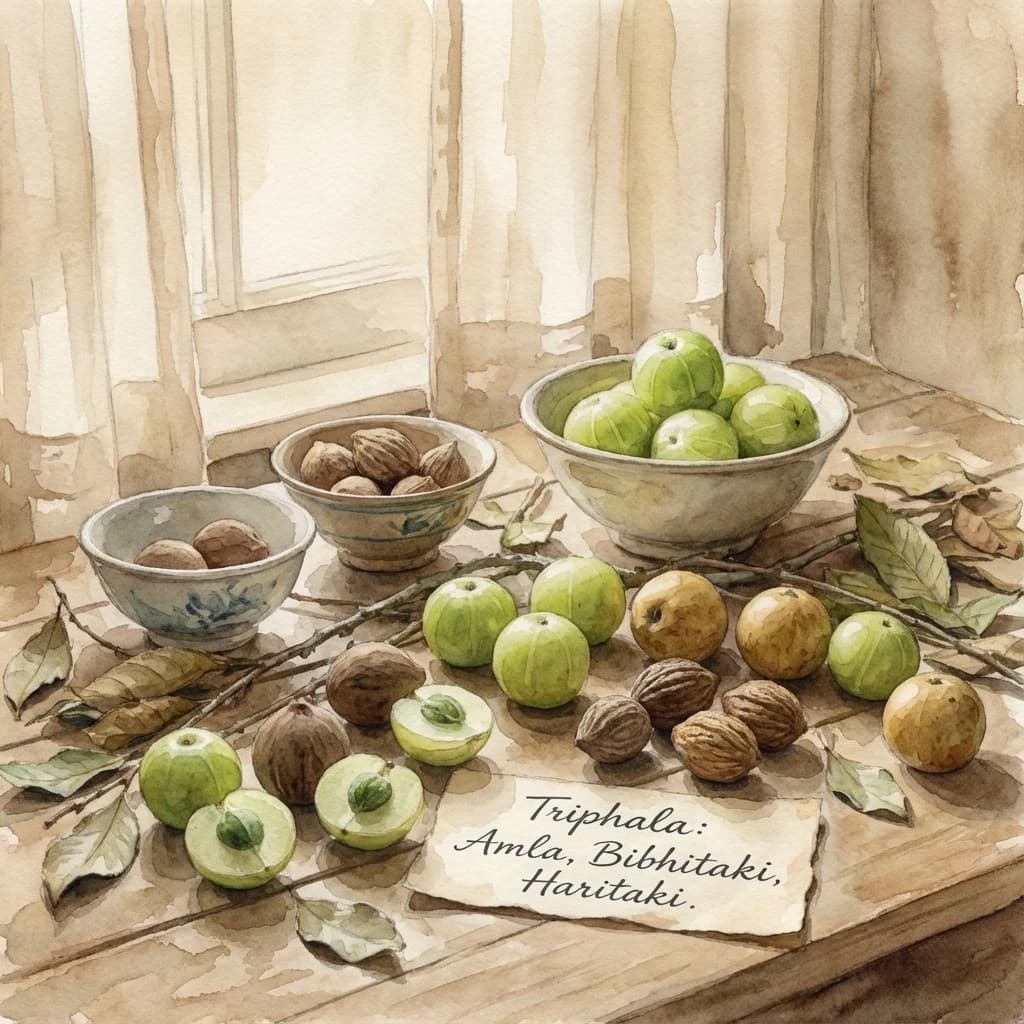 Triphala three fruits formula Ayurvedic remedy at Save Farm botanical garden Dahanu